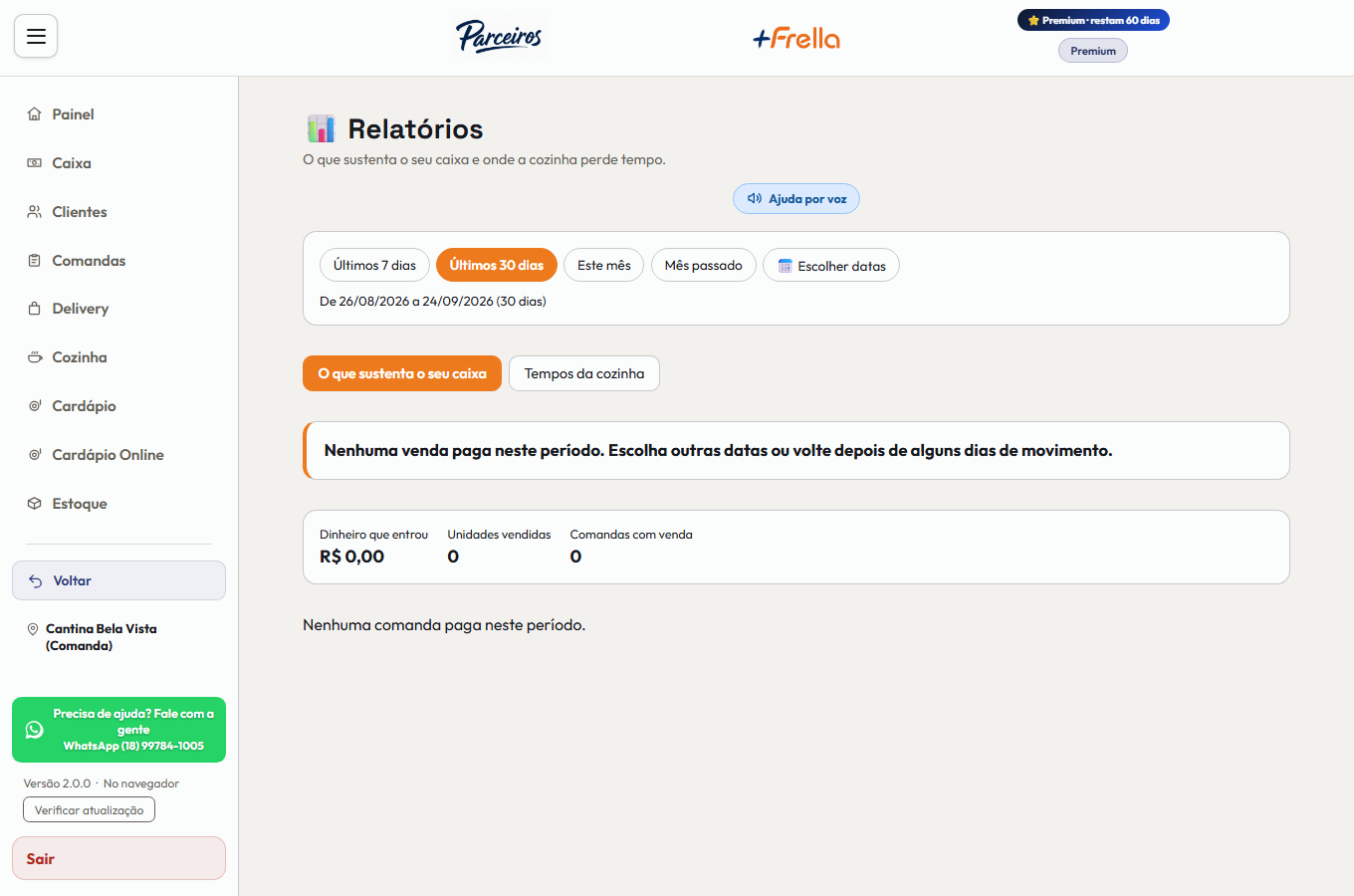 Tela Relatórios da Comanda Digital no +Frella, com os atalhos de período — últimos 7 dias, últimos 30 dias, este mês, mês passado e escolher datas —, as duas abas O que sustenta o seu caixa e Tempos da cozinha, e o aviso de que não houve venda paga no período escolhido
