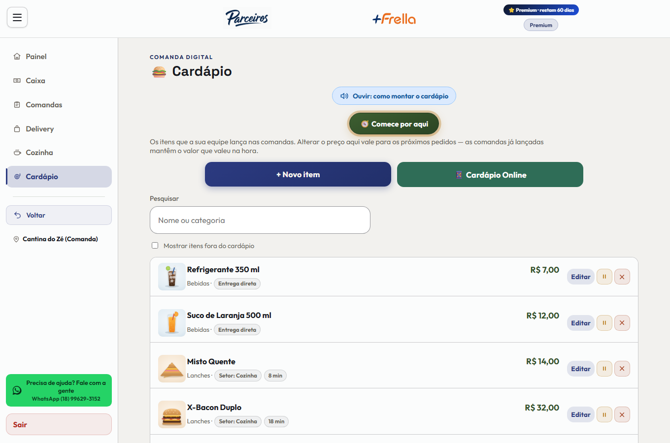 Tela do cardápio no +Frella, com cada item mostrando foto, nome, categoria, preço, o setor de preparo, o tempo médio e as ações de editar, pausar e excluir