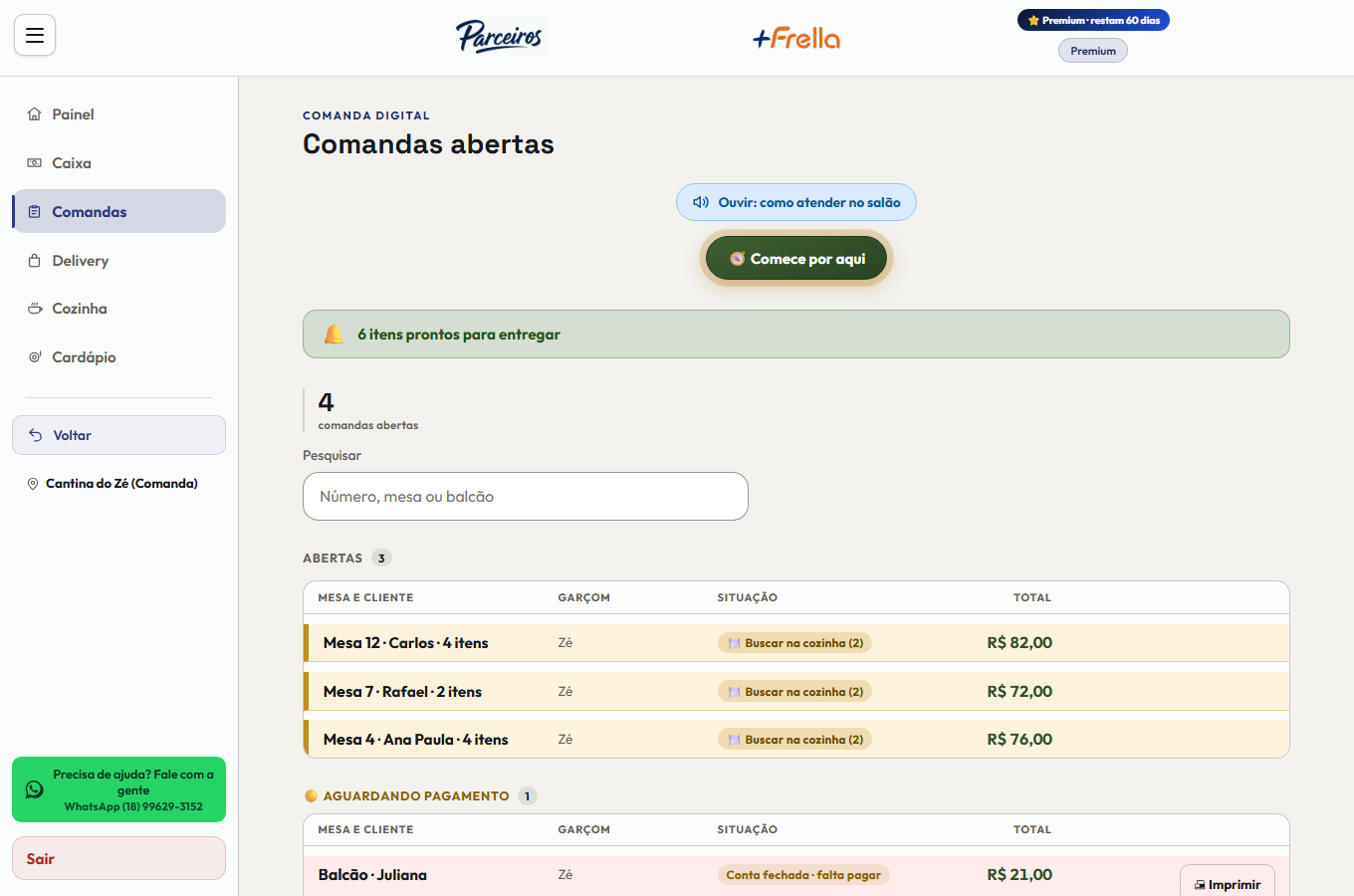 Tela de comandas abertas do +Frella, com quatro comandas em atendimento — Mesa 12, Mesa 7 e Mesa 4 abertas e o Balcão com a conta fechada aguardando pagamento —, cada uma com cliente, garçom, situação e total, e o menu lateral de Painel, Caixa, Comandas, Delivery, Cozinha e Cardápio